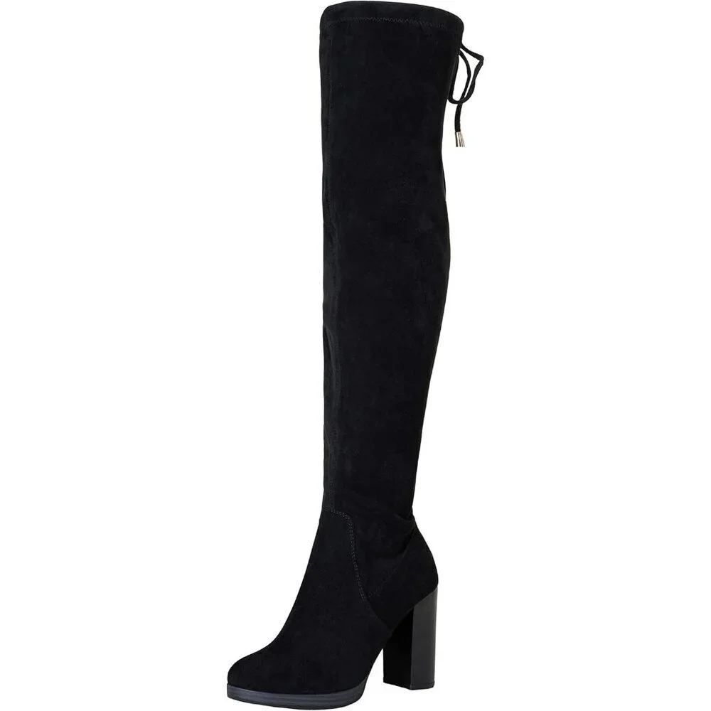 Women's Black-imitation Grain Suede Thigh High Over The Knee Rounded Toe Boot